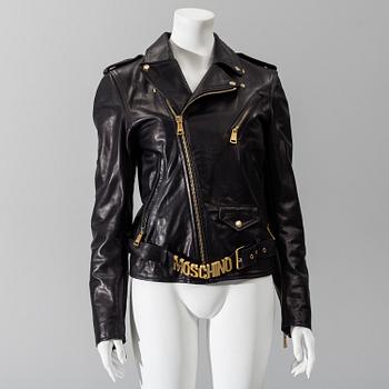 MOSCHINO, a black leather jacket, Italian size 48.