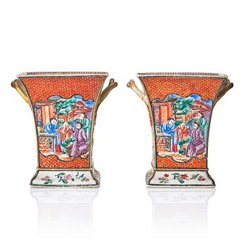 1075. A pair of famille rose tulip vases, Qing dynasty, Qianlong (1736-95).