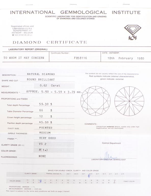 DIAMANT, briljantslipad, F / VS2 0,62 ct.