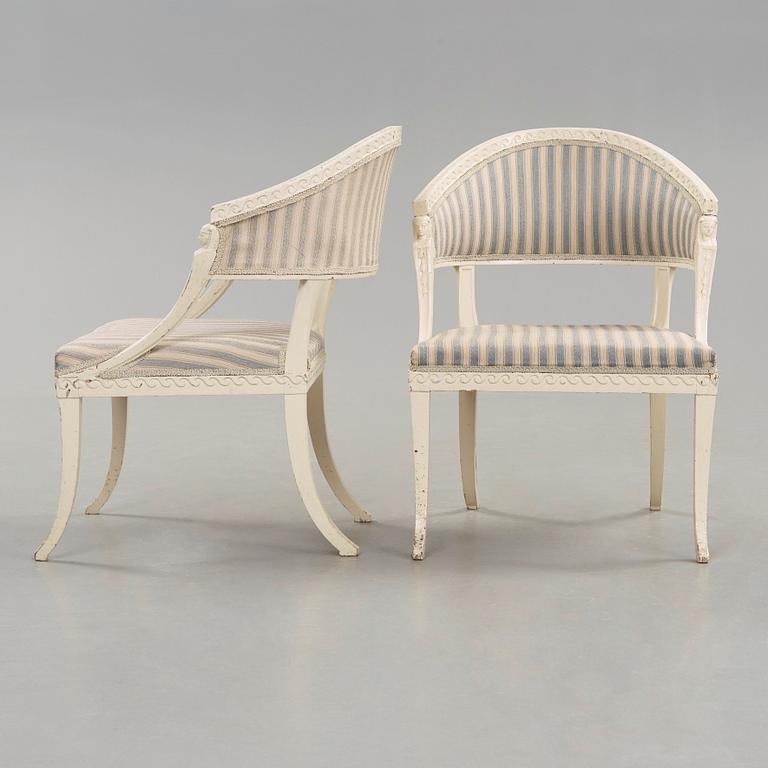 A pair of late Gustavian armchairs in the manner of Ephraim Ståhl, master in Stockholm 1794-1820.