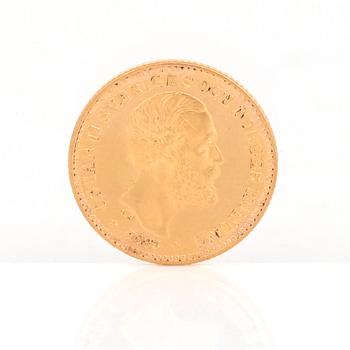 GULDMYNT, 10 kronor, Oscar II av Sverige och Norge 1883. Vikt ca 4,5 gram.