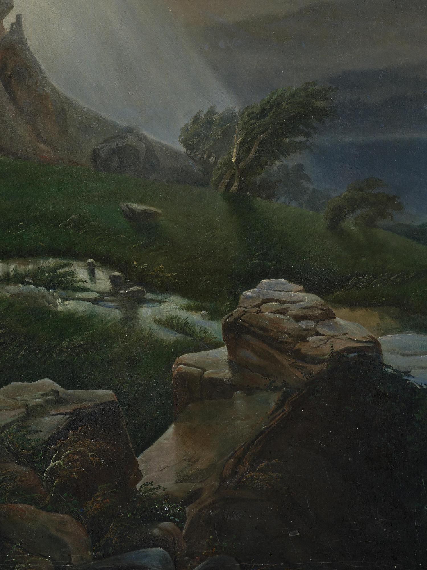 Okänd konstnär, 1800-tal, Oväderslandskap med herdinna och får.