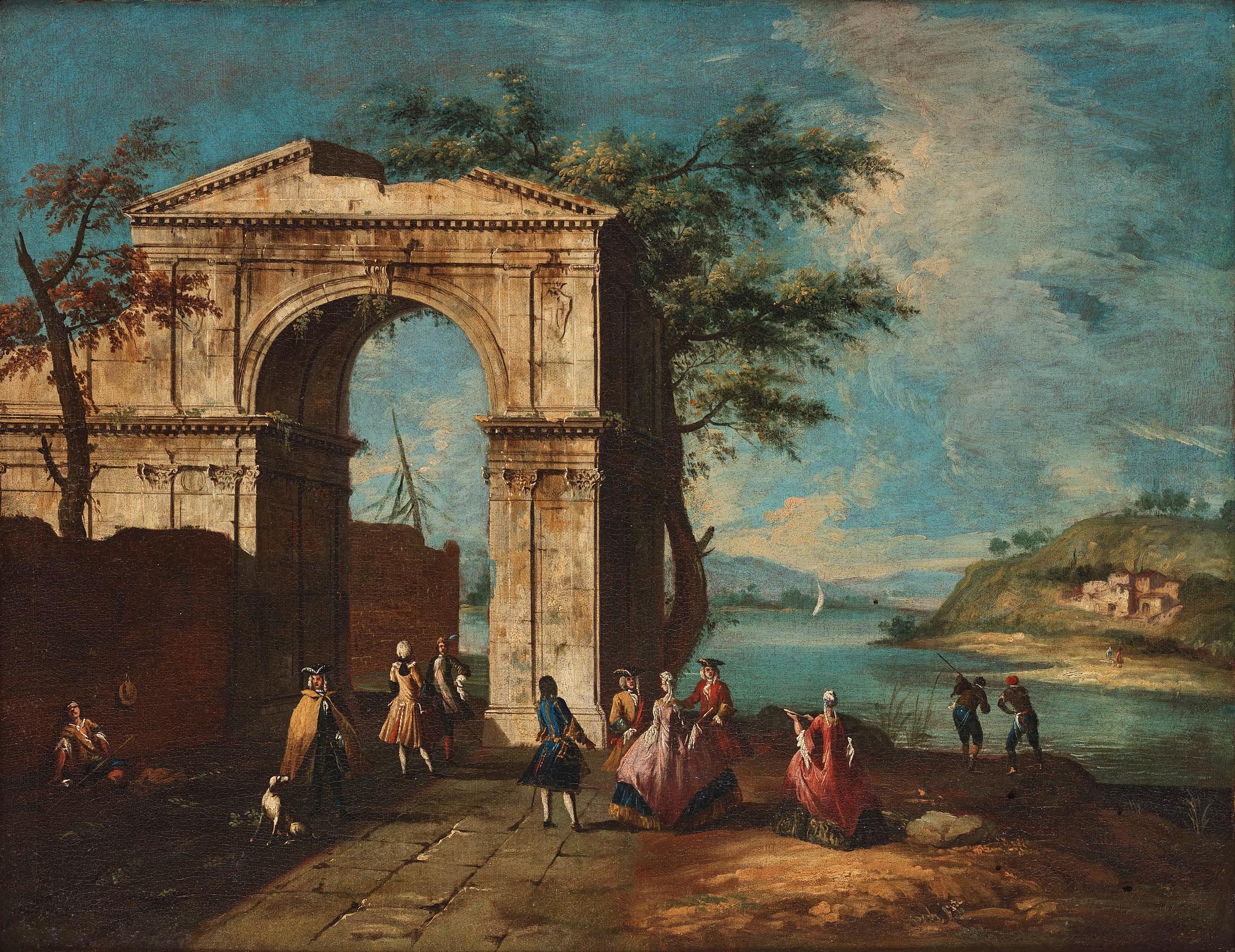 Francesco Albotto Attributed to, Elegant figures amongst classical ruins.