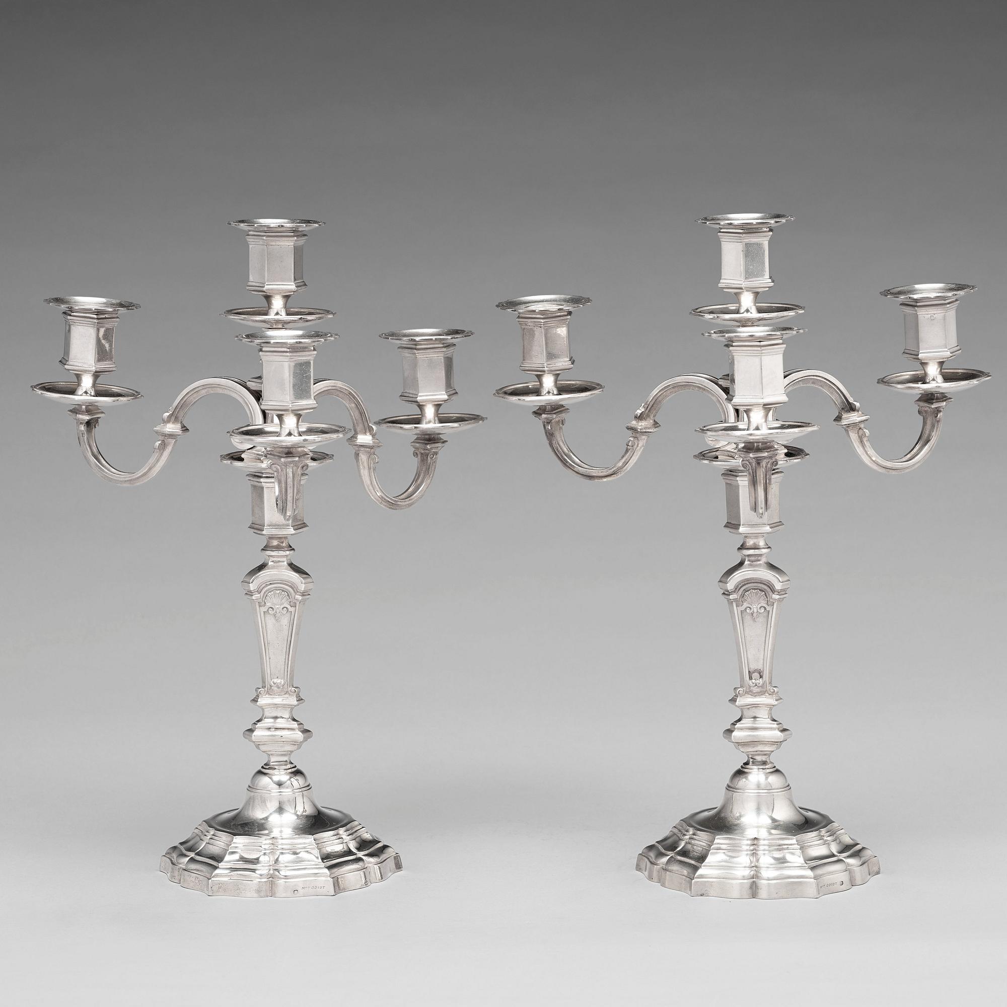A pair of French 20th century silver 950/1000 four light candelabra, marked Mon Odiot.