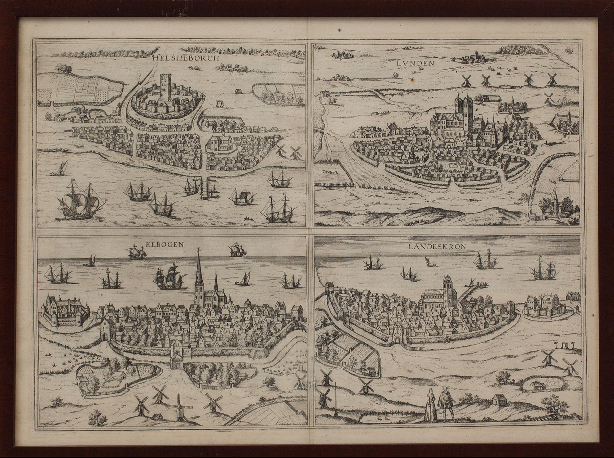 KARTOR, kopparstick, 2 st , "D' Afrique..." 1739 samt "De fyra Öresundstäderna"Braun/Hogenberg 1585. Senare avdrag.