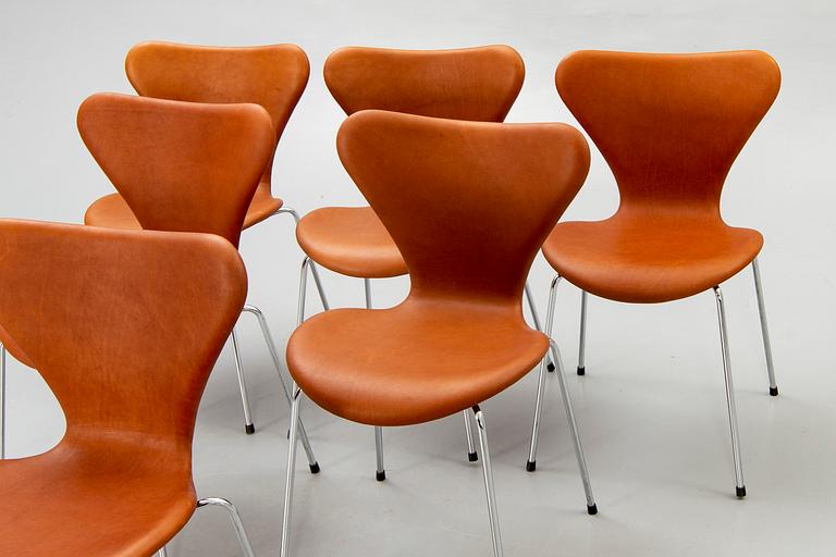 Arne Jacobsen, chairs, 6 pcs, "Seven", Fritz Hansen, Denmark late 20th century.