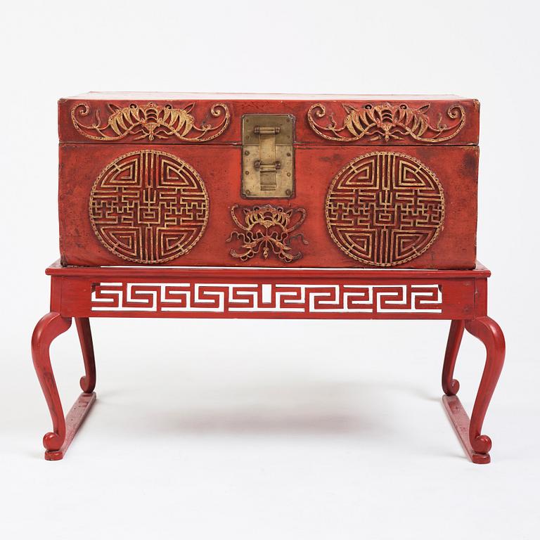 A red lacquered chest on a later stand, late Qing dynasty, 19th Century.