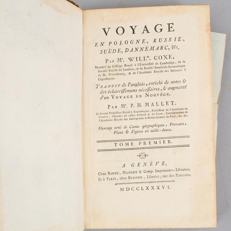 A set of 4 book, William Coxe: Voyage en Pologne, Russie, Suède, Dannemarc,  1-4 vol.   Buisson, Genève, Buisson, 1786.