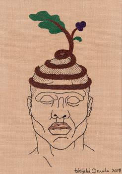 Heikki Orvola, kirjontatyö, "Kenin päähine" -sarja, signeerattu Heikki Orvola 2018.