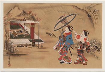 OKUMURA MASANOBU (1686-1764), after, two color woodblock prints. Japan, ca 1900.