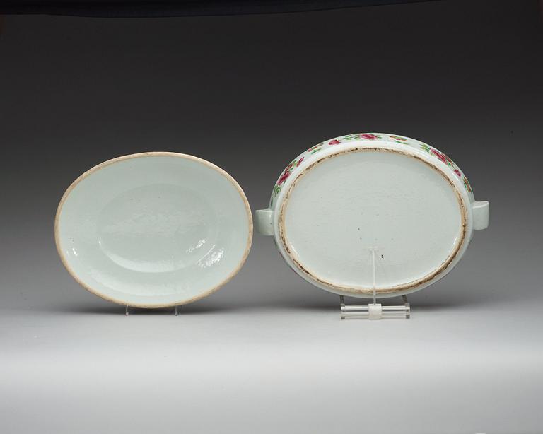 A Canton famille rose hot water dish with cover, Qing dynasty, 19th Century.