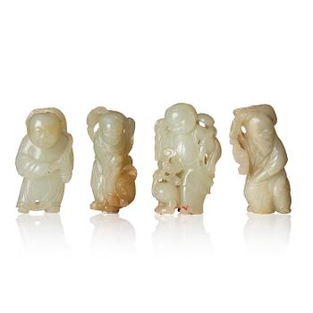 976. Figuriner, fyra stycken, jade. Qingdynastin, 1800-/1900-tal.