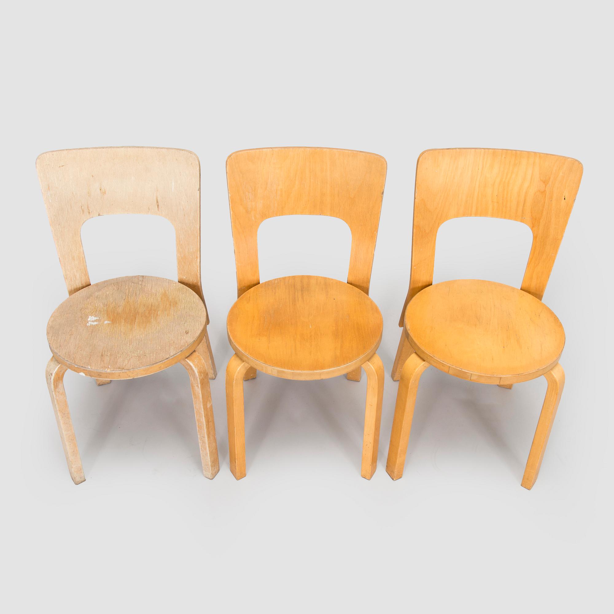 Alvar Aalto, stolar, 3 st, modell 66, Artek 1970/1980-tal.