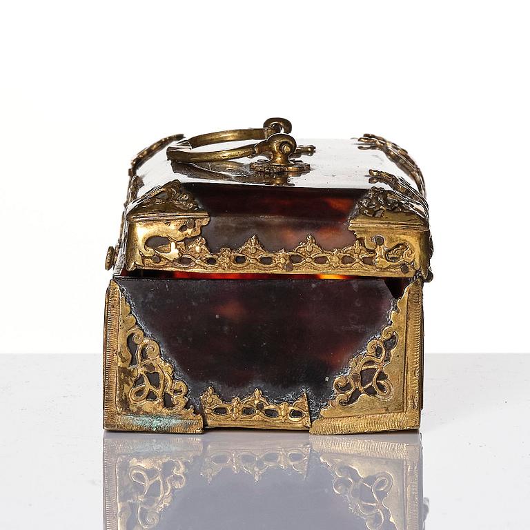 A baroque tortoise and gilt brass-mounted tobacco box, circa 1700.
