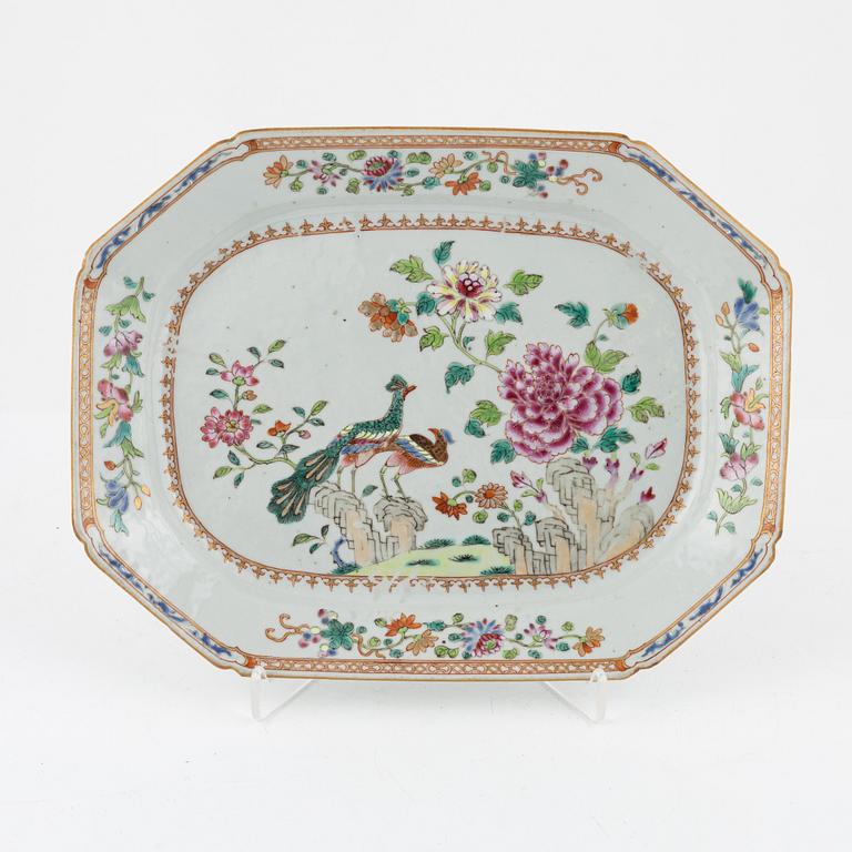 A Chinese famille rose 'double peacock' dish, Qing dynasty, Qianlong (1736-95).