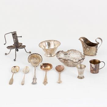 Bowls, cups, cutlery, cream jug, and candlestick, 11 pieces, silver. Including K Anderson, Stockholm 1923.