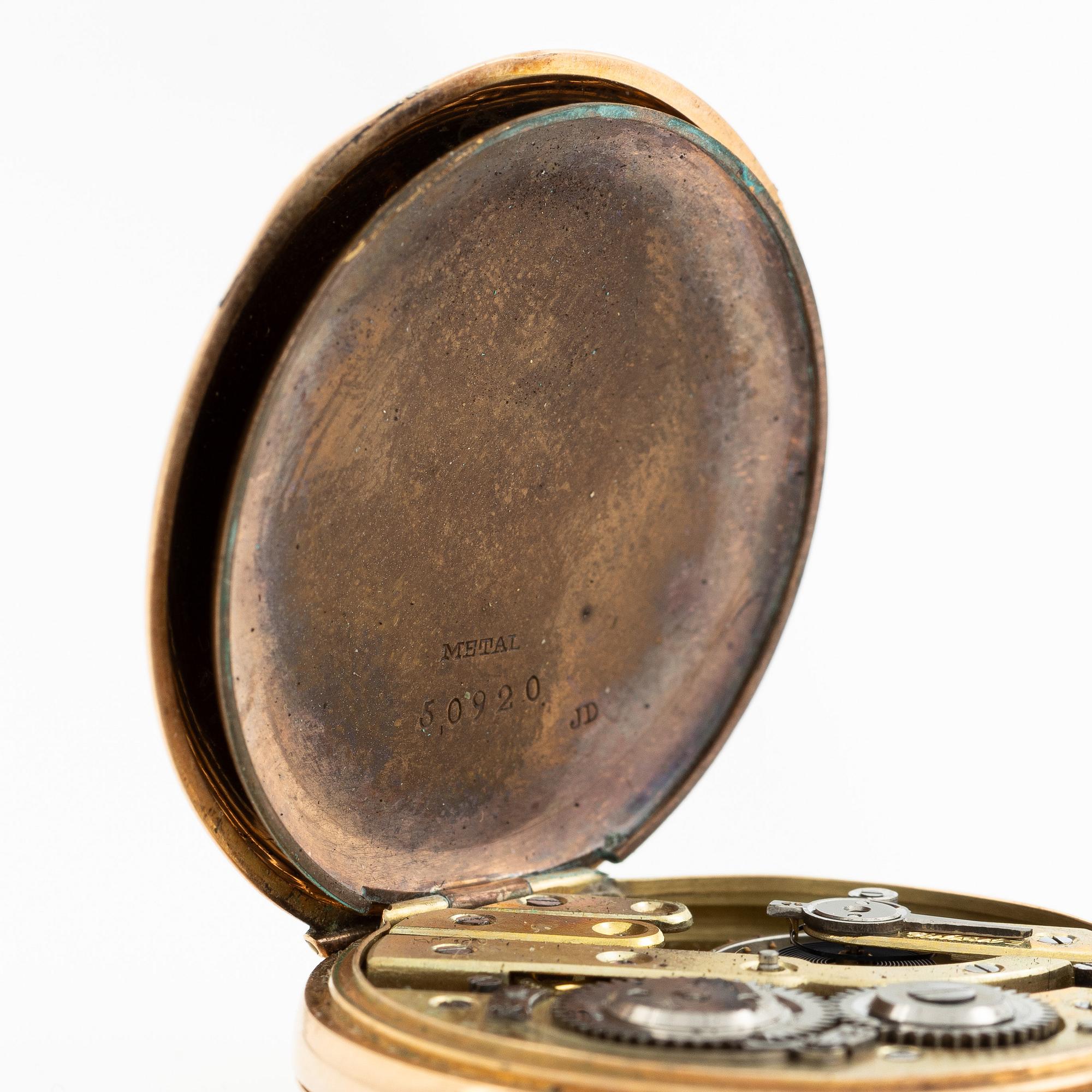Pocket watch, 37 mm, 14K gold, Chain in 18K gold.