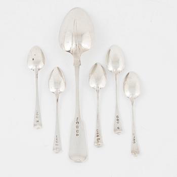 Six silver spoons, Ireland and England, including James Le Bas, Dublin 1828.