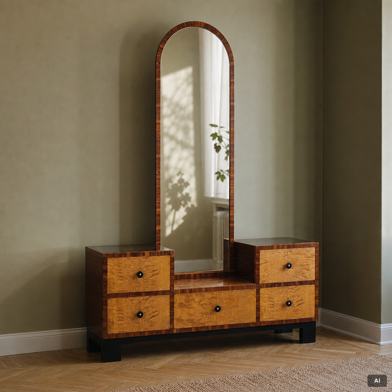 Hall furniture, chest of drawers with mirror, 1930s.