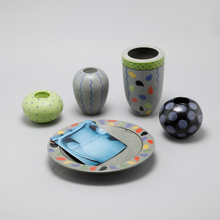 One vase, one bowl and three candleholders from Paradisverkstan at Öland, late 20th century.