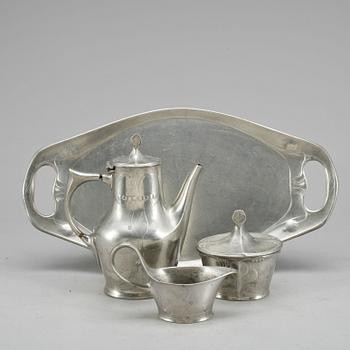 KAFFESERVIS, 4 delar, tenn, jugend, Kayserzinn, Tyskland, tidigt 1900-tal.