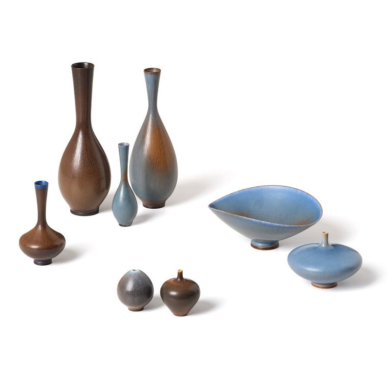 Berndt Friberg, a set of 7 stoneware vases and a bowl, Gustavsberg Studio, Sweden, 1956-64.