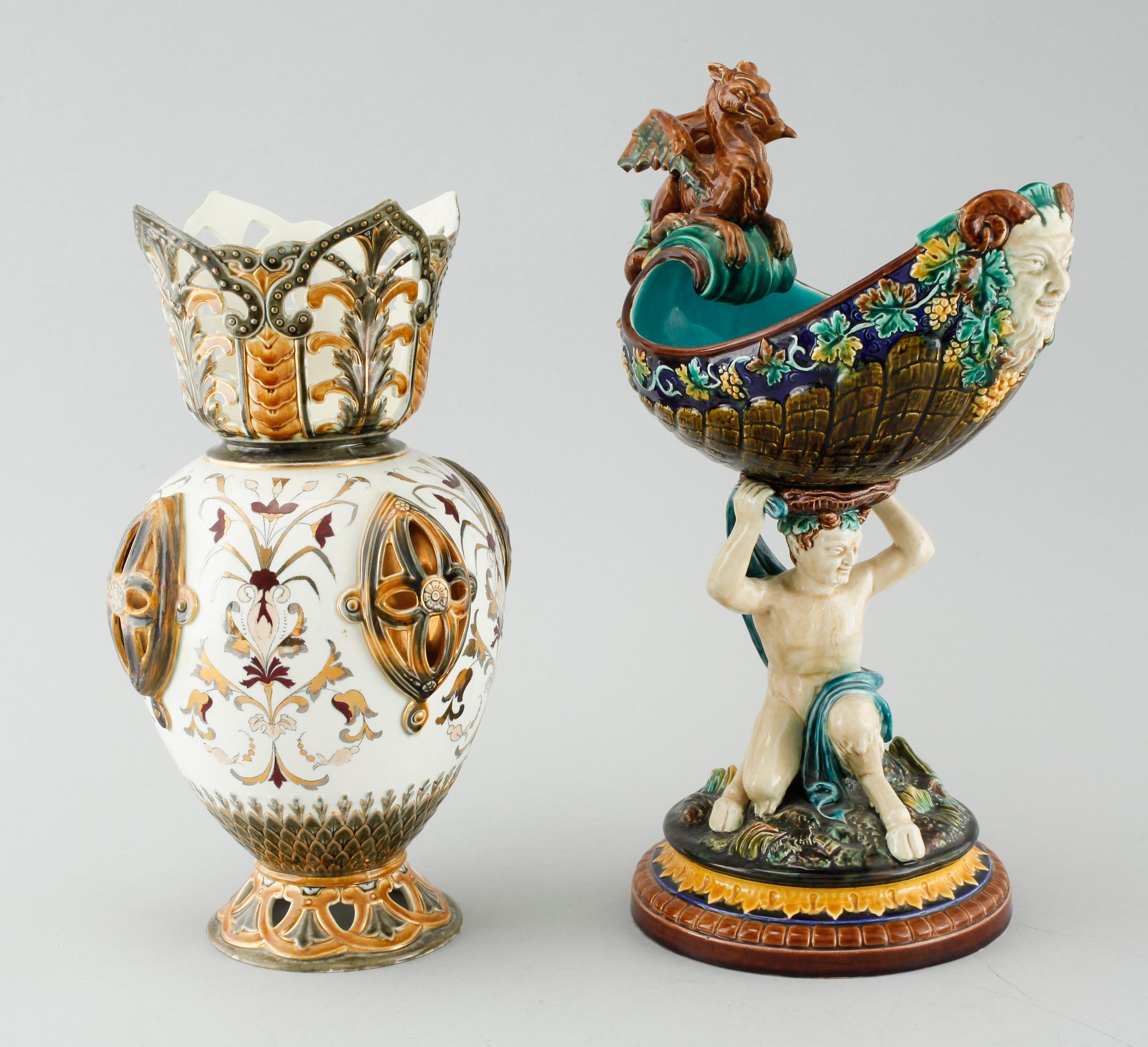 A majolica vase and bowl from Rörstrand, around the year 1900.