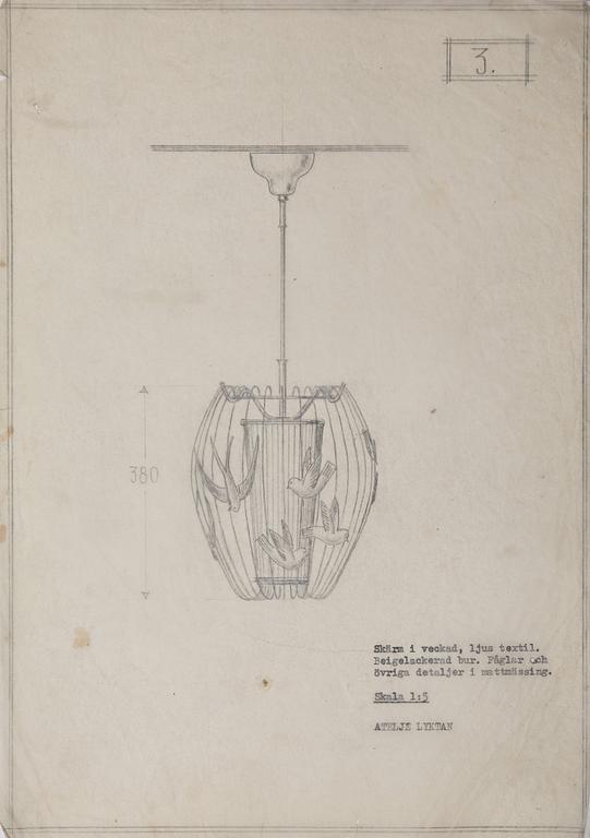 Hans Bergström, taklampa, modell "3", ateljé Lyktan, Åhus 1940-50-tal.