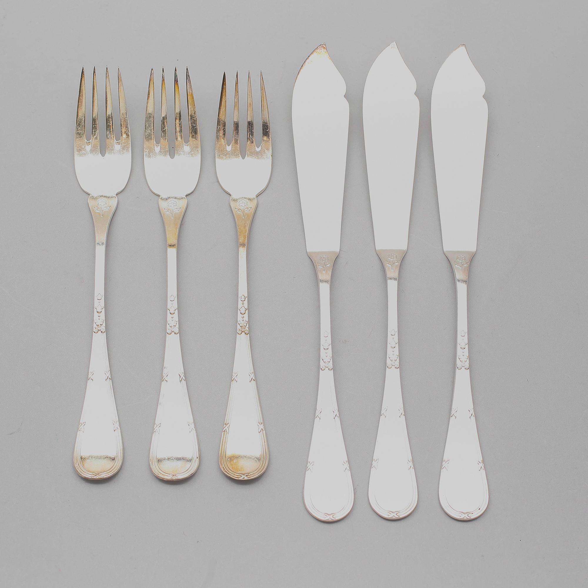FISKBESTICK, 24 delar, nysilver, CG Hallberg, Stockholm.