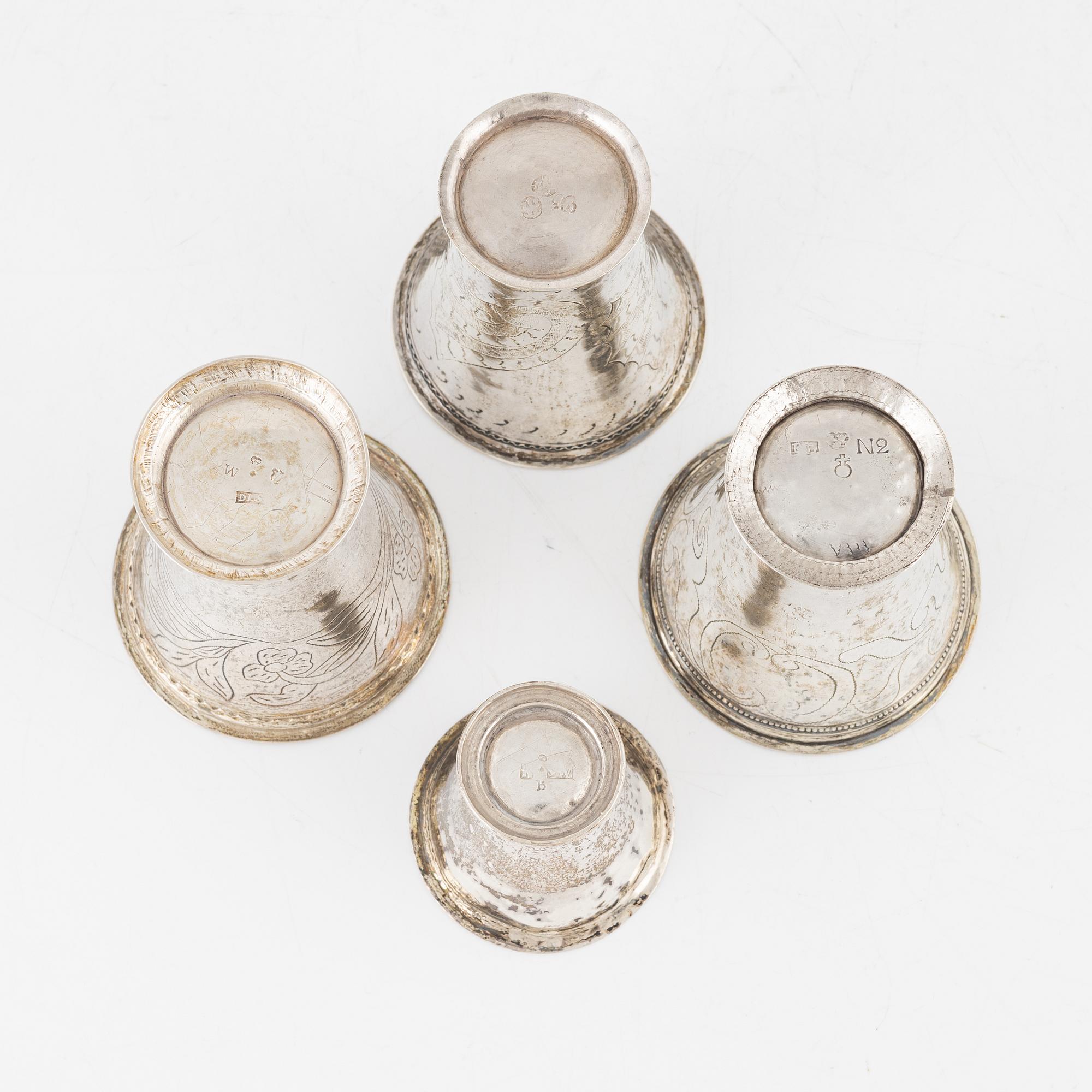 Four Swedish silver miniature beakers, 18th century.