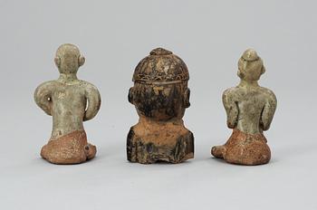 A set of three pottery figures, South America and Thailand.