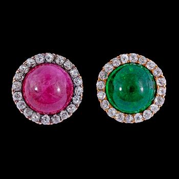 1042. A pair of cabochon cut ruby, emerald and antique cut diamond earrings.