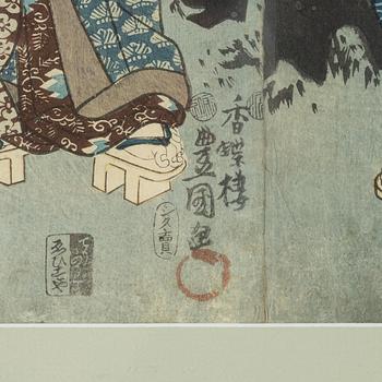 Utagawa Kunisada, färgträsnitt, triptyk, 1800-talets andra hälft.