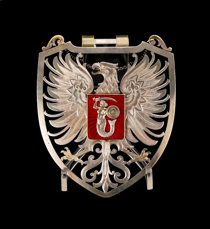 FLASKBRICKA, silver och emalj, Polen, 1900-talets första hälft.