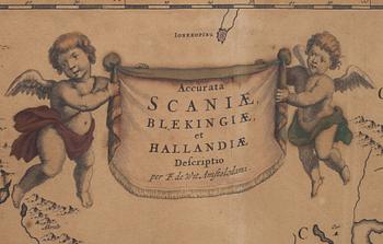 KARTA ÖVER SKÅNE BLEKINGE OCH HALLAND, handkolorerad, 1700/1800-tal.