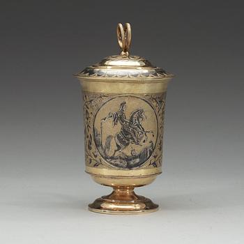 A Russian 19th century silver-gilt and niello cup and cover, un identified makers mark Moscow 1850's.