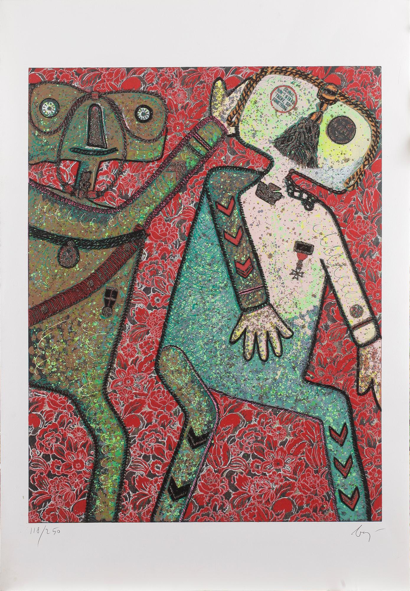 ENRICO BAJ,  Färgserigrafi m applikationer, glitter, collage. Sign Baj o nr 1187250.