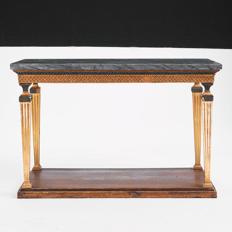 A late Gustavian giltwood, patinated and Bleu Turquin console in the manner of J. Frisk, Stockholm circa 1800.