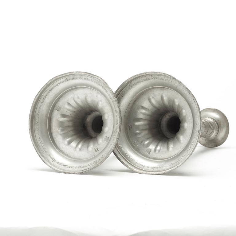 A pair of Gustavian pewter candlesticks by Jacob Sauer, Stockholm 1784.