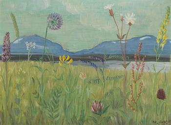 Axel Larsson, Blomsteräng med fjäll i fonden.