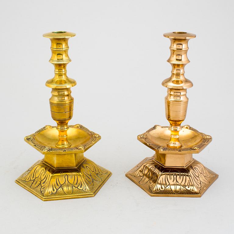 Two candlesticks, baroque, brass and iron, Ystad metal 1950th.
