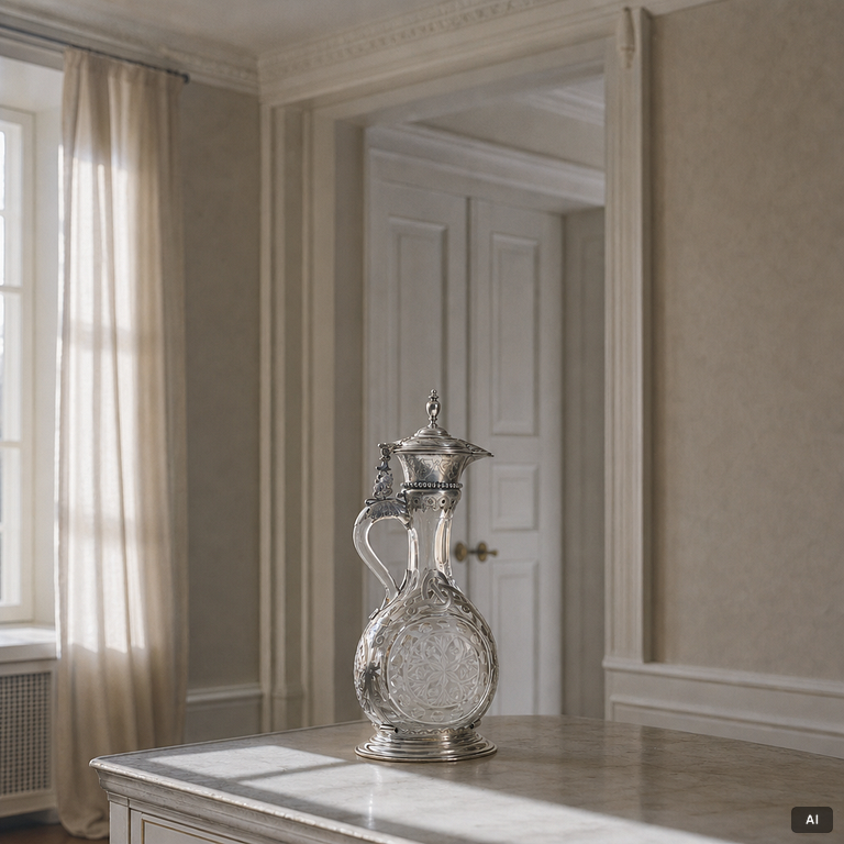 Decanter/wine jug in glass, with mount, possibly silver, early 20th century.