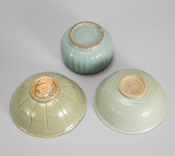 A group of three celadon bowl, South East Asia, 17th Century and later.