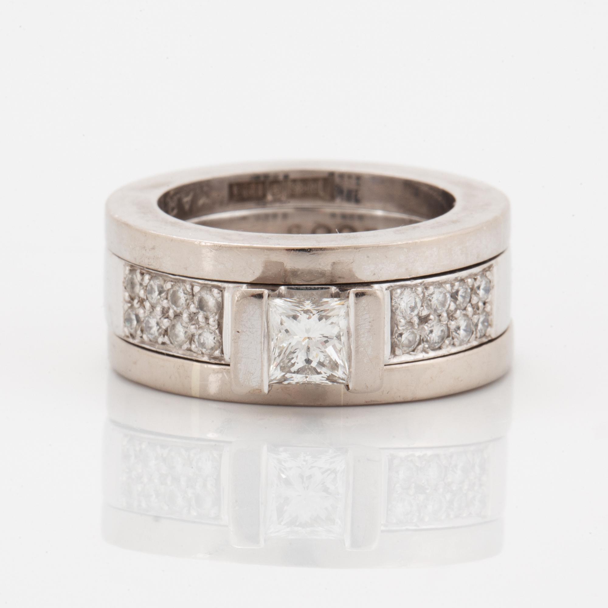 Rolf Karlsson, Three rings, 18K white gold with princess-cut and brilliant-cut diamonds, and two band rings.