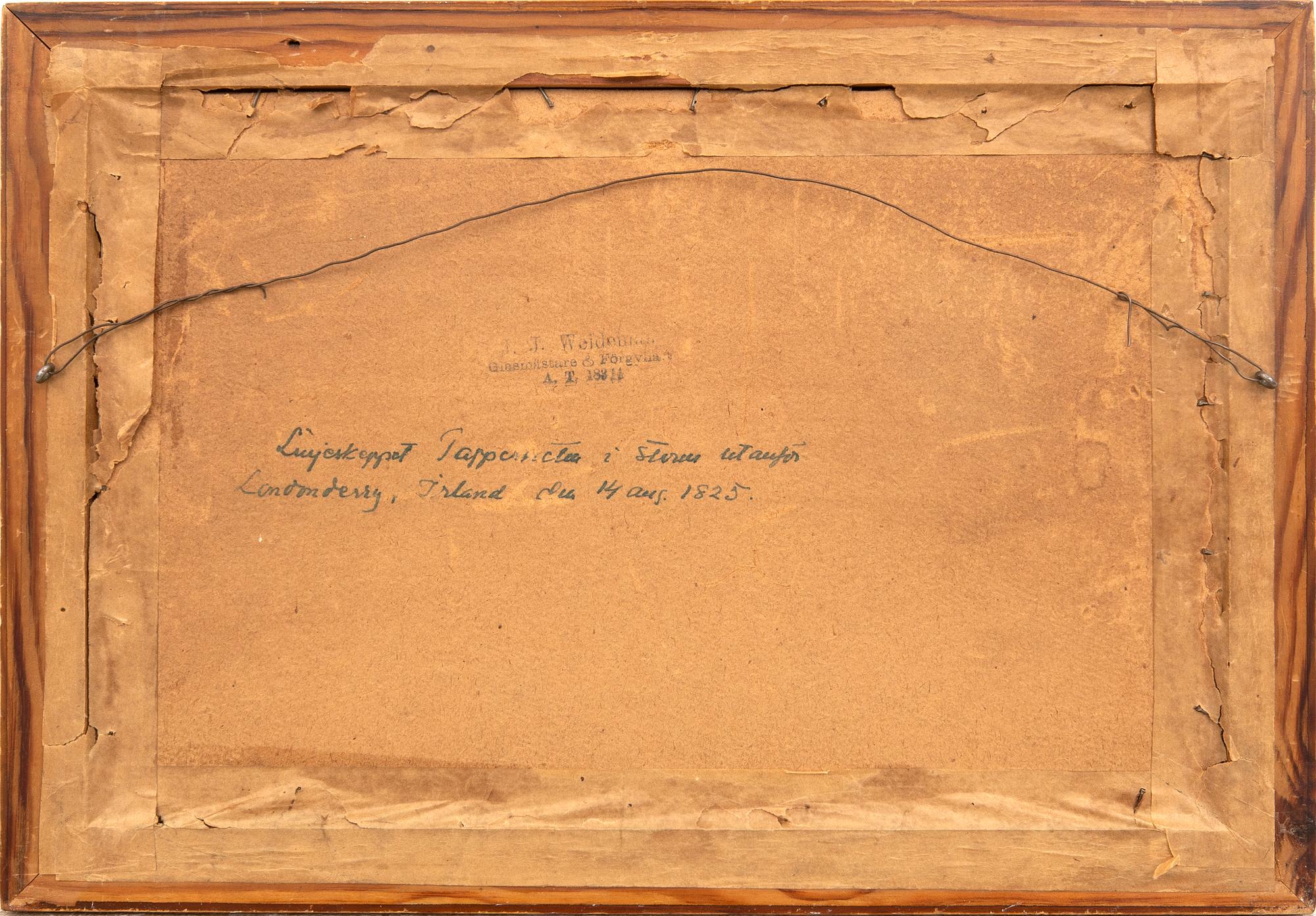 Okänd konstnär 1800-tal,  "Skeppet Tapperheten i storm utanför Londonderry, Irland, d 14 augusti 1825".