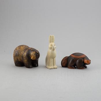 Lisa Larson, figuriner, stengods, tre stycken, björn, järv, fjällhare ur "Skansen".