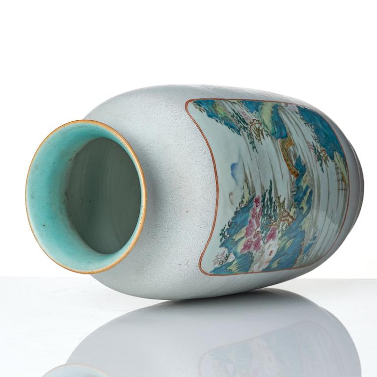 A large famille rose and scrafitto landscape vase, Qing dynasty, with Qianlong seal mark in red.