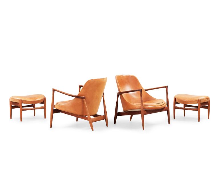 A pair of Ib Kofod Larsen 'Elisabeth' teak and brown leather easy chairs and ottomans, Christensen & Larsen, Denmark.