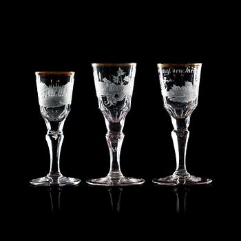 Three Silesian cut, engraved and gilded wine glasses, 1760's.