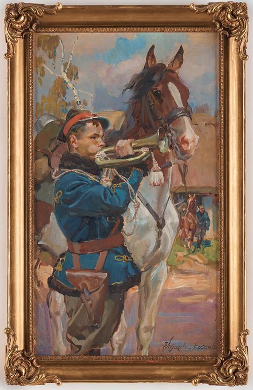 Wojciech von Kossak, Uhlan with a brass horn.